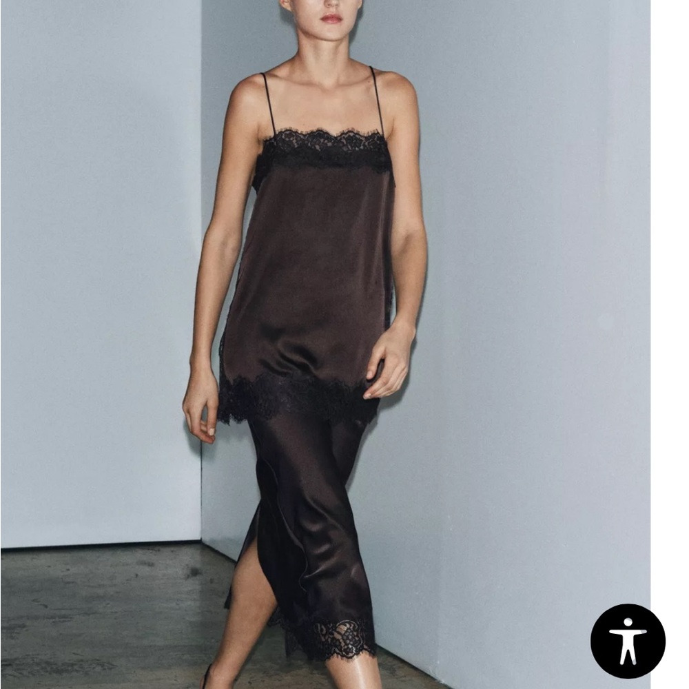 Zara satin effect lace top brown